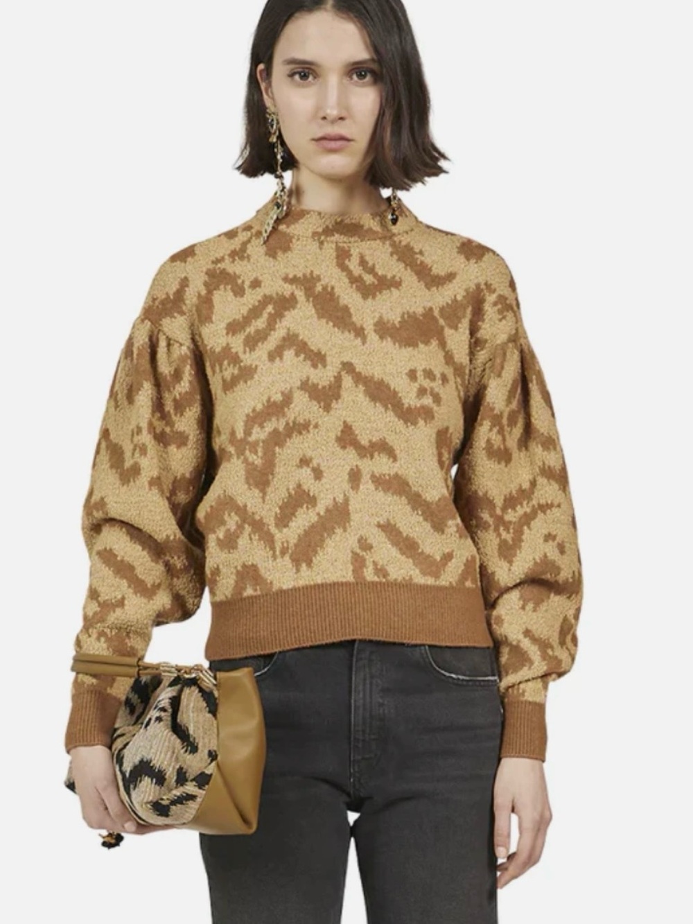 Ulla Johnson Nalla Heavyweight Wool Jacquard Animal Print Puff Sleeve Sweater M